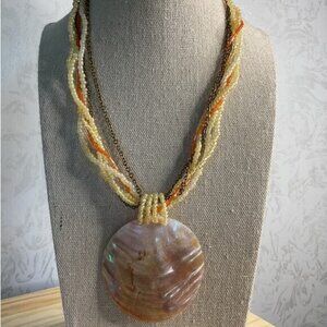 Cream Orange Sea Bead Chain Mother of Pearl Shell Pendant Necklace